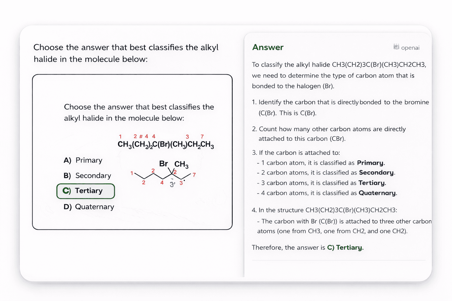 InstantIQ classifying an alkyl halide molecule as tertiary, with step-by-step reasoning about carbon bonding