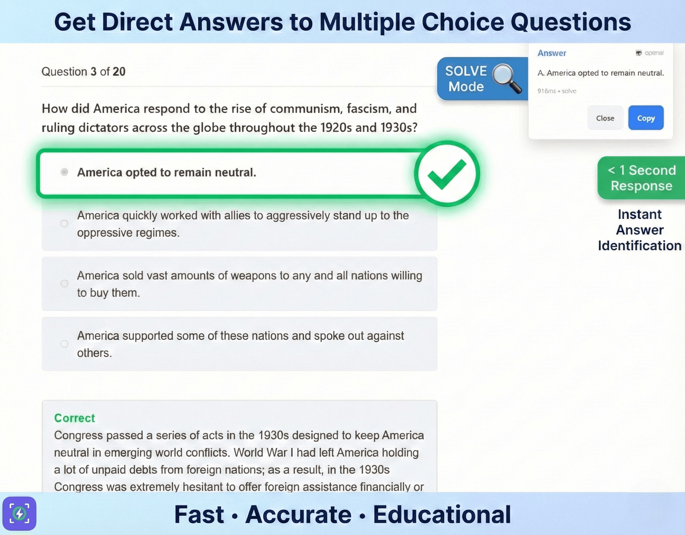 InstantIQ answering a US history question about American neutrality in the 1920s-1930s, with correct answer highlighted