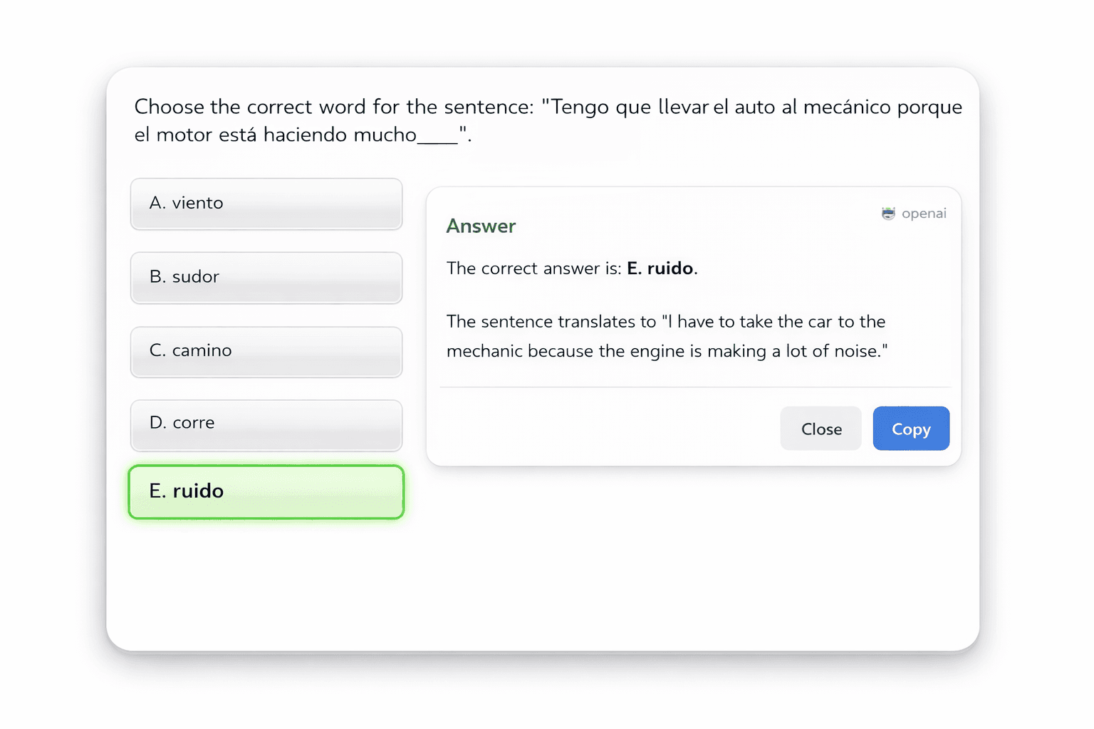 InstantIQ answering a Spanish vocabulary fill-in-the-blank question, correctly identifying "ruido" as the answer